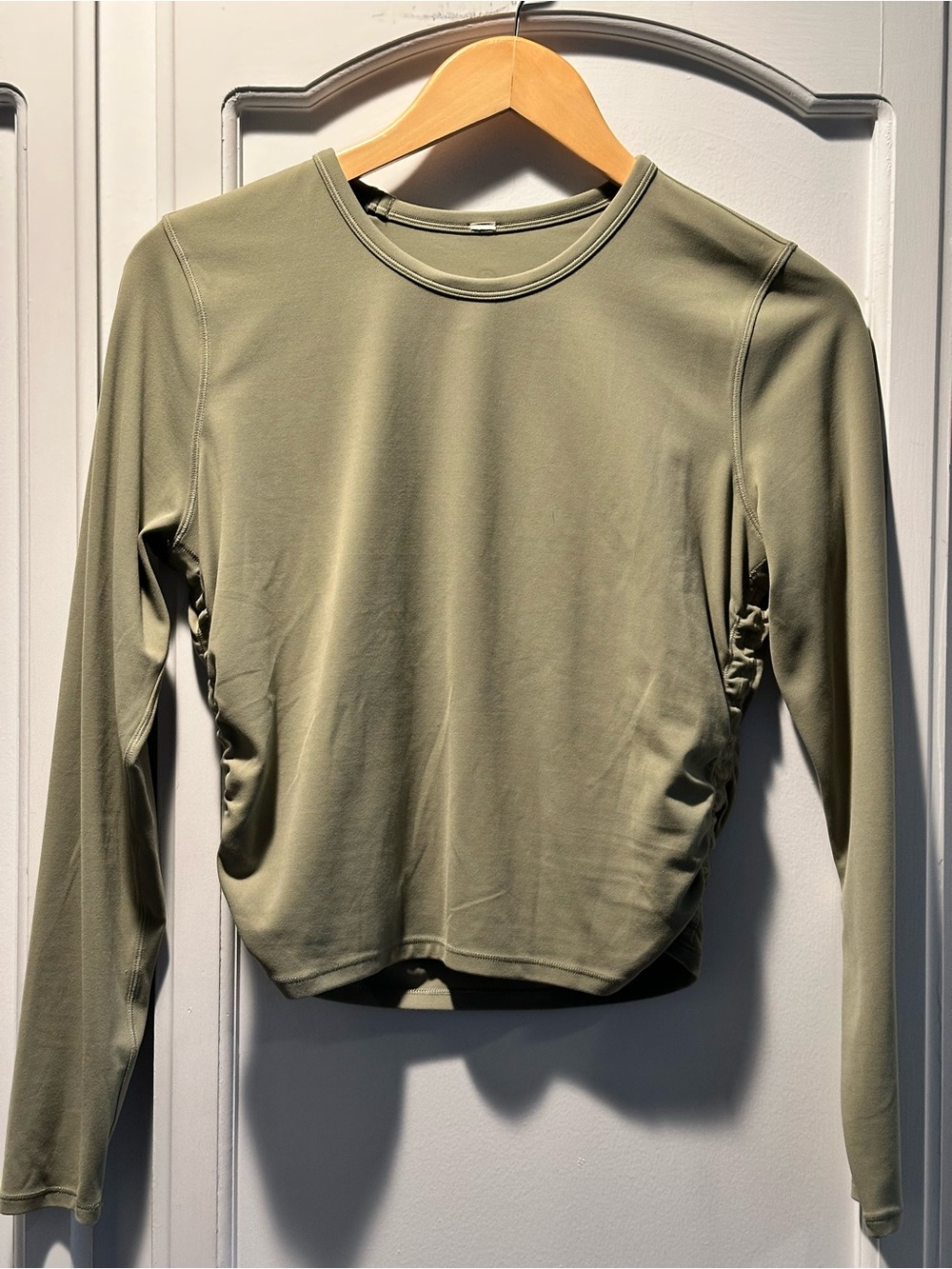 lululemon athletica Olive Green Long Sleeve Ruched Side Crop Top
